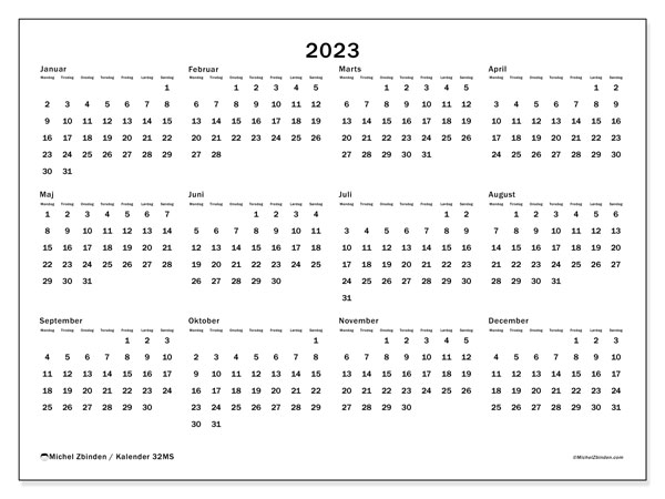 Årskalender 2023, 32MS. Gratis kalender til print.