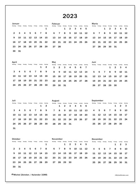Årskalender 2023, 33MS. Gratis kalender til print.