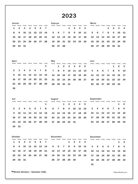 Kalender 2023 “33”. Gratis plan til print.. Søndag til lørdag