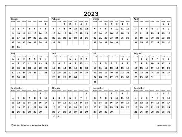 Kalender 2023 “34”. Gratis plan til print.. Mandag til søndag