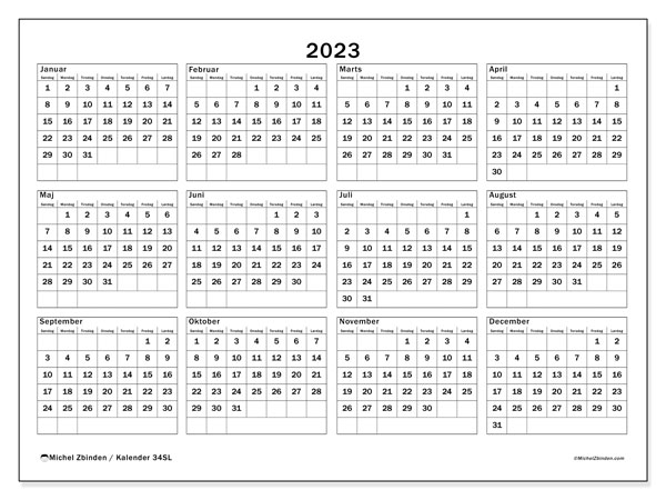Kalender 2023 “34”. Gratis plan til print.. Søndag til lørdag