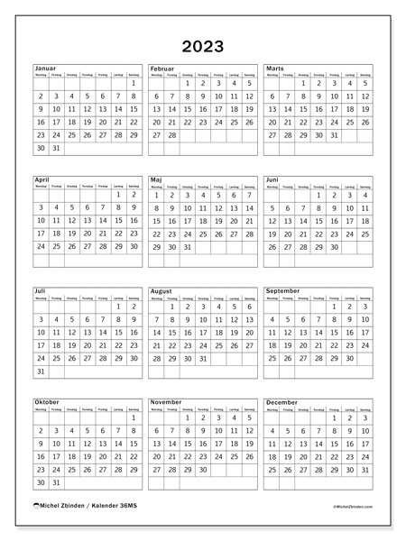 2023 kalender til udskrivning. Årskalender “36MS” og gratis dagsorden til udskrivning