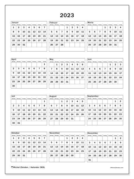 Kalender 2023 “36”. Gratis program til print.. Søndag til lørdag