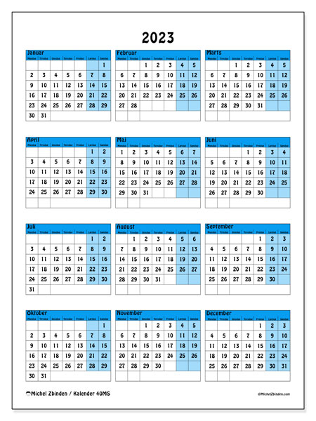2023 kalender til udskrivning. Årskalender “40MS” og gratis planlægning, der kan udskrives