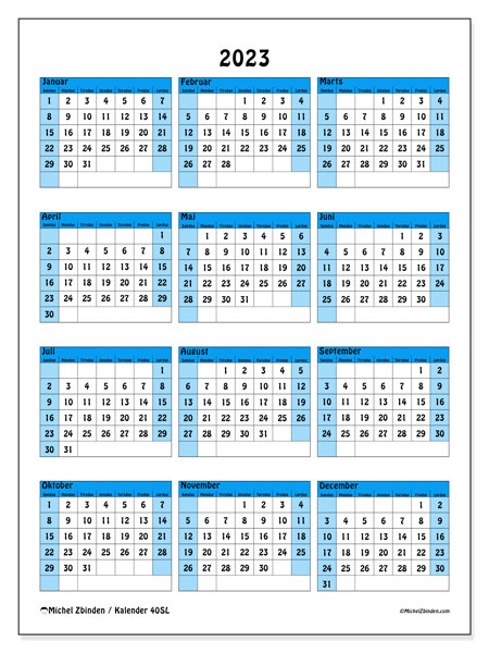 Kalender 2023 “40”. Gratis kalender til print.. Søndag til lørdag