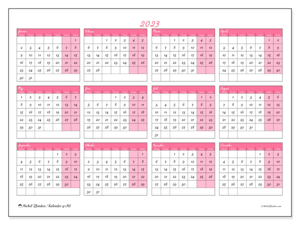 2023 kalender til udskrivning. Årskalender “41MS” og gratis tidsplan til udskrivning