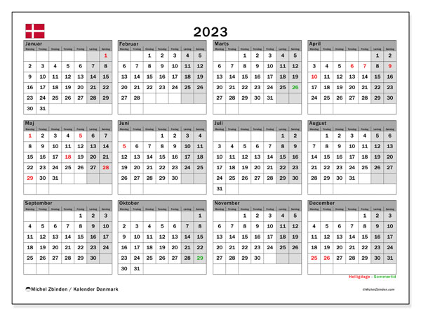 Kalender 2023, Danmark (DA). Gratis karta som kan skrivas ut.