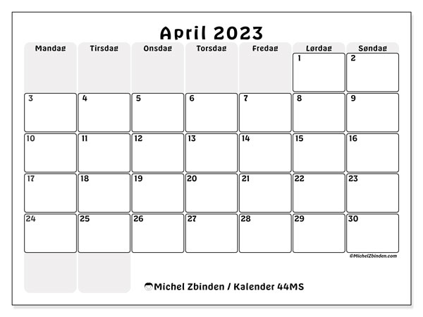 Kalender til udskrivning, april 2023, 44MS