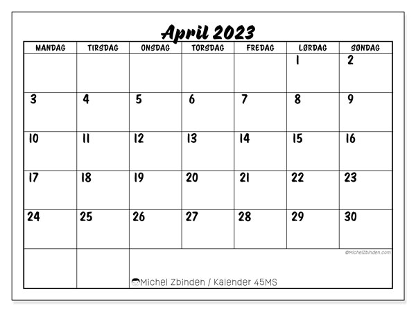 Kalender til udskrivning, april 2023, 45MS