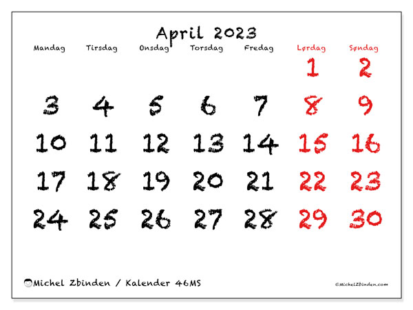 Kalender til udskrivning, april 2023, 46MS