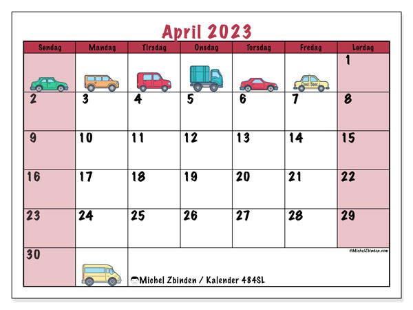 Kalender april 2023 “484”. Gratis program til print.. Søndag til lørdag