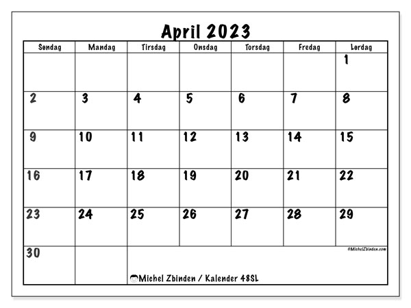 Kalender til udskrivning, april 2023, 48SL