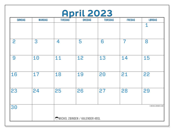 Kalender til udskrivning, april 2023, 49SL