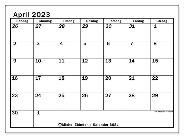 Kalender til udskrivning, april 2023, 501SL