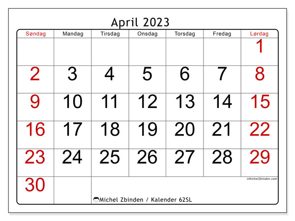 Kalender til udskrivning, april 2023, 62SL