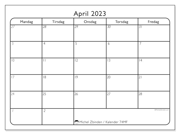 Kalender til udskrivning, april 2023, 74MS