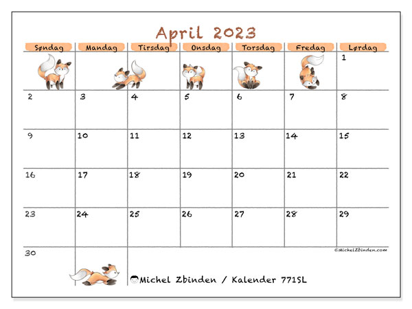 Kalender til udskrivning, april 2023, 771SL