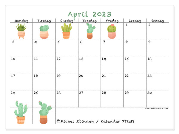 Kalender til udskrivning, april 2023, 772MS