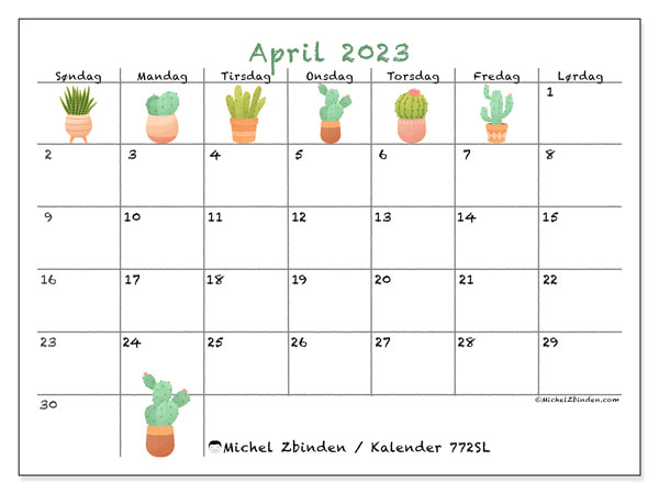 Kalender til udskrivning, april 2023, 772SL