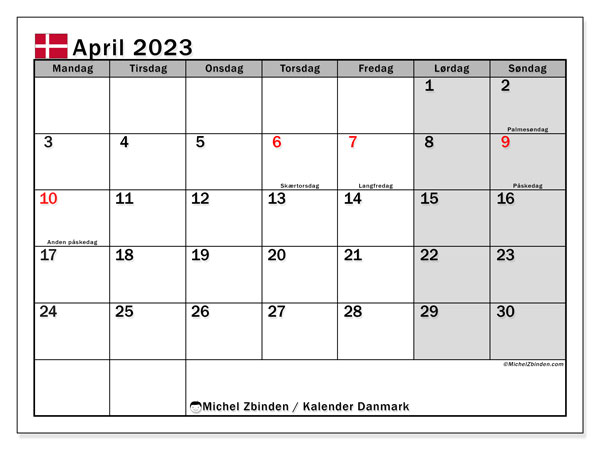 Calendrier avril 2023, Danemark (DA), prêt à imprimer et gratuit.