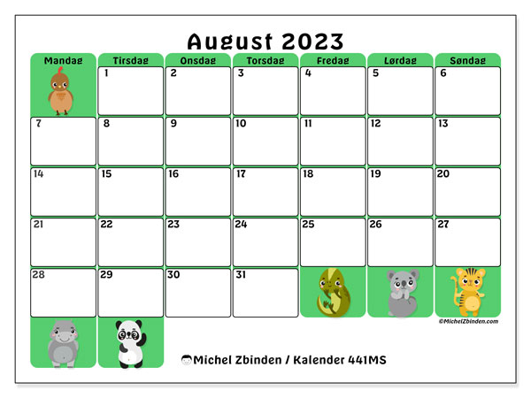 Kalender til udskrivning, august 2023, 441MS