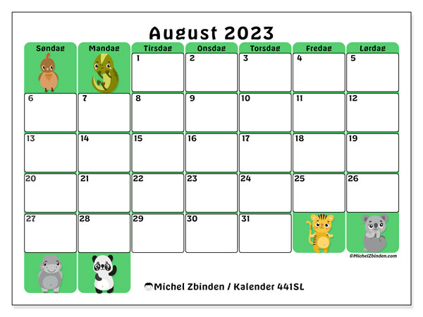Kalender august 2023 “441”. Gratis program til print.. Søndag til lørdag
