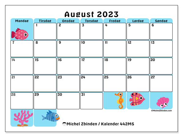 Kalender august 2023 “442”. Gratis plan til print.. Mandag til søndag