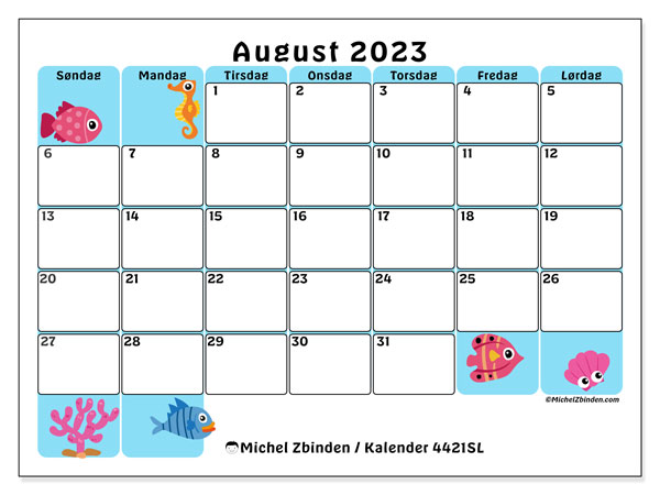 Kalender august 2023, 442SL. Gratis program til print.