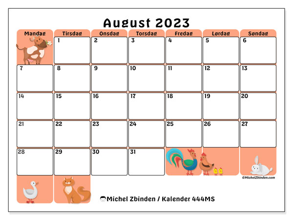 Kalender august 2023 “444”. Gratis plan til print.. Mandag til søndag