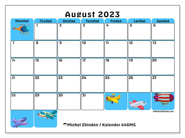 Kalender august 2023 “446”. Gratis plan til print.. Mandag til søndag