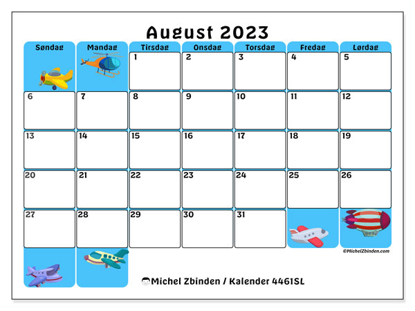 Kalender august 2023 “446”. Gratis plan til print.. Søndag til lørdag