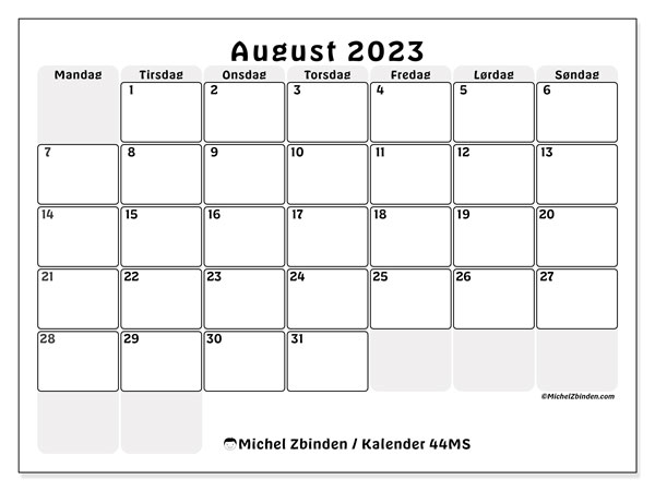 Kalender august 2023 “44”. Gratis program til print.. Mandag til søndag