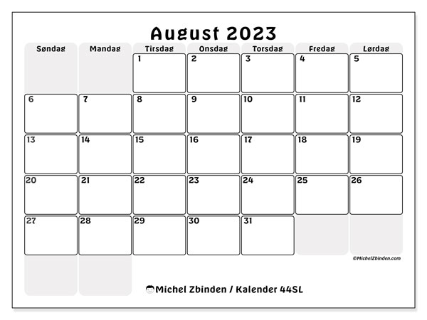 Kalender august 2023 “44”. Gratis program til print.. Søndag til lørdag