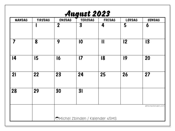 Kalender august 2023, 45MS. Gratis kalender til print.
