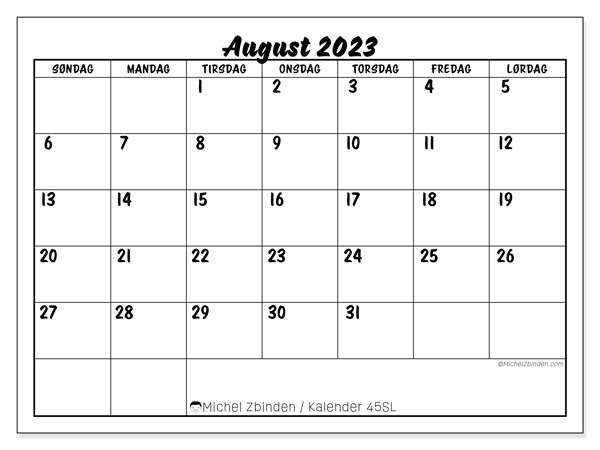 Kalender august 2023 “45”. Gratis kalender til print.. Søndag til lørdag