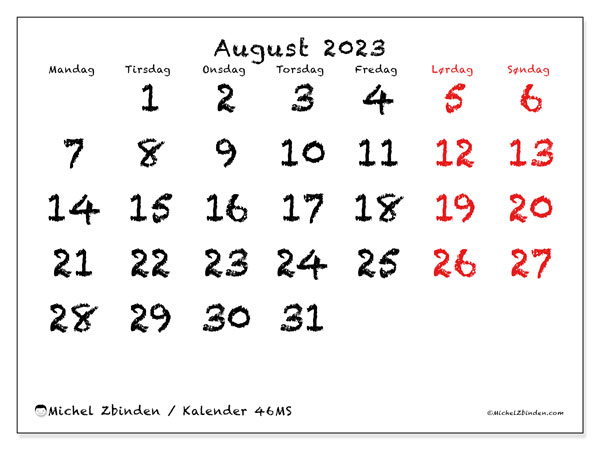 Kalender august 2023, 46MS. Gratis kalender til print.