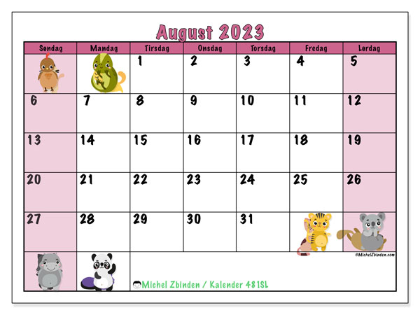 Kalender august 2023 “481”. Gratis plan til print.. Søndag til lørdag
