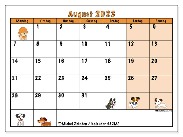 Kalender august 2023 “482”. Gratis program til print.. Mandag til søndag