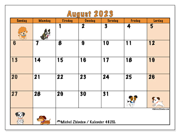 Kalender august 2023 “482”. Gratis program til print.. Søndag til lørdag
