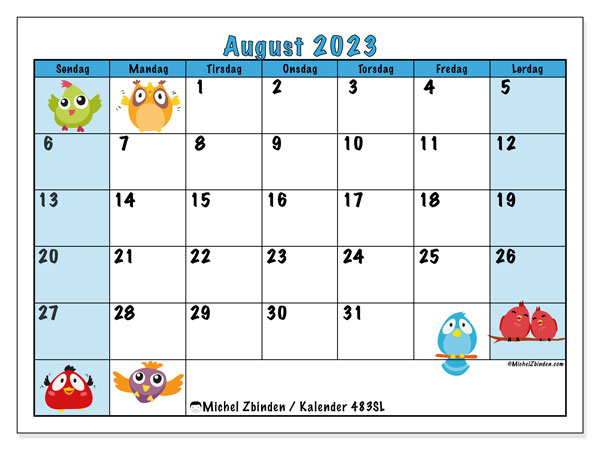 Kalender august 2023 “483”. Gratis kalender til print.. Søndag til lørdag