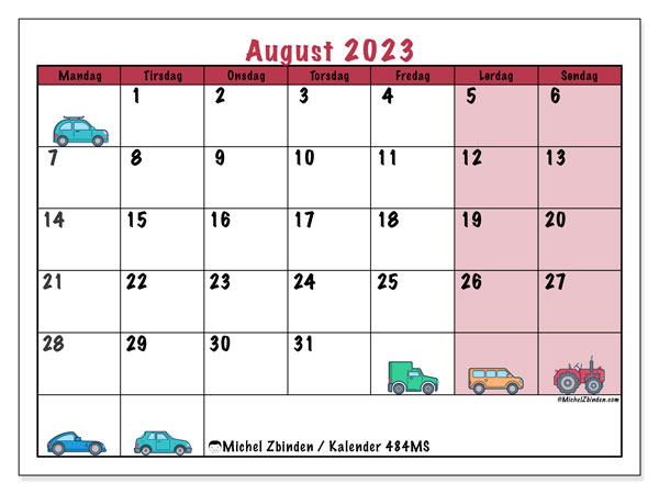 Kalender august 2023 “484”. Gratis program til print.. Mandag til søndag