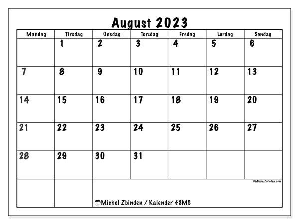 Kalender august 2023 “48”. Gratis plan til print.. Mandag til søndag
