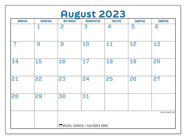 Kalender august 2023, 49MS. Gratis program til print.