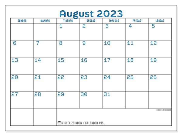 Kalender til udskrivning, august 2023, 49SL