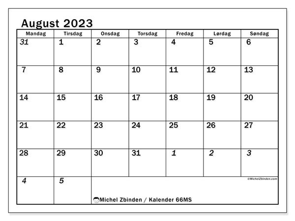 Kalender august 2023, 501MS. Gratis program til print.