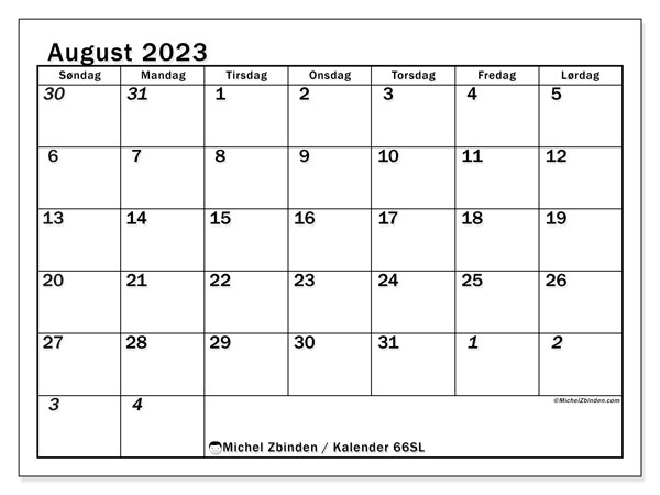 Kalender august 2023 “501”. Gratis kalender til print.. Søndag til lørdag