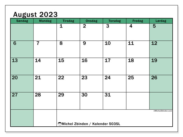 Kalender august 2023, 503SL. Gratis kalender til print.