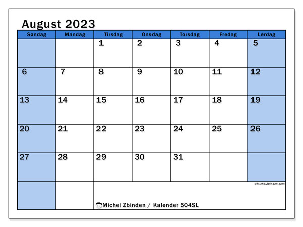 Kalender august 2023 “504”. Gratis kalender til print.. Søndag til lørdag