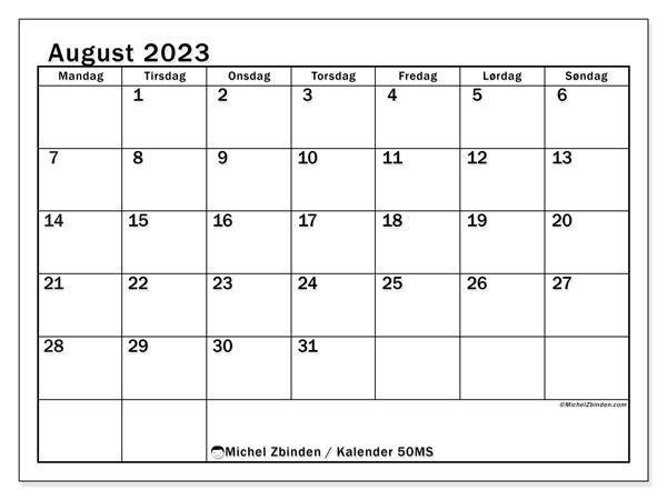 Kalender august 2023, 50MS. Gratis kalender til print.
