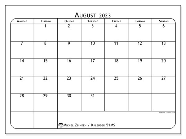 Kalender august 2023 “51”. Gratis kalender til print.. Mandag til søndag